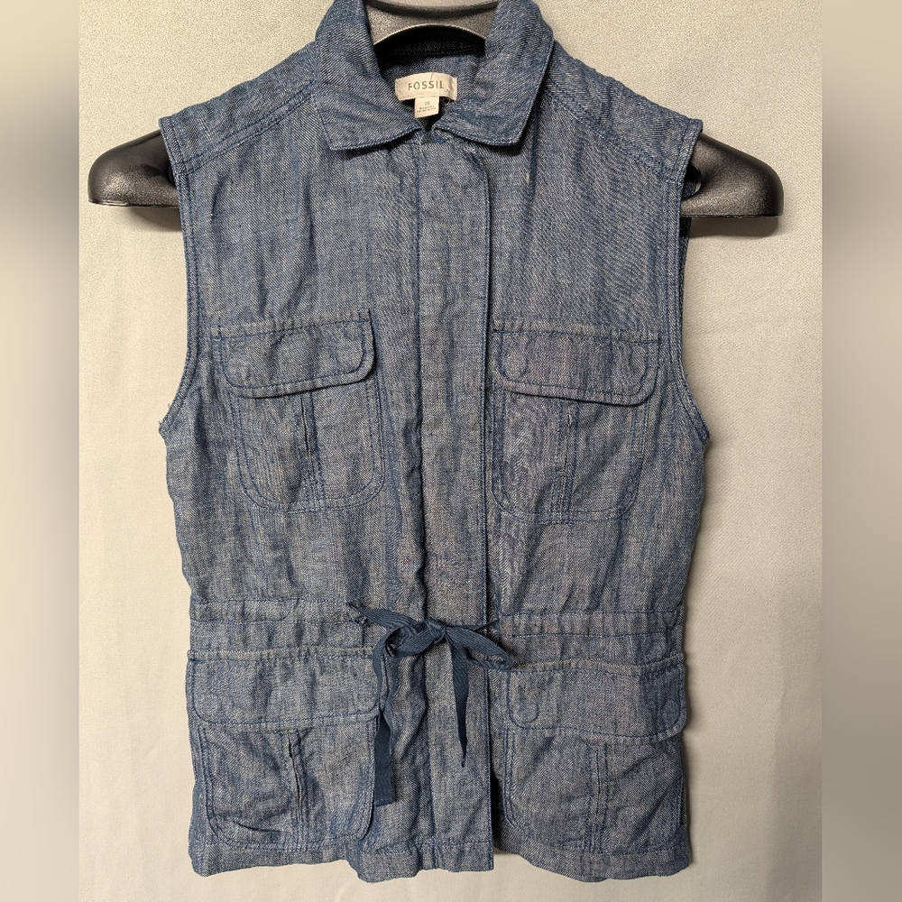 Fossil Vest 100% Blue Linen